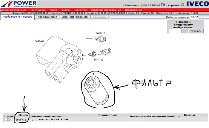 Скриншот инструкции по работе с каталогом IVECO  с выбором необходимой детали и и каталожным номером в таблице запчастей