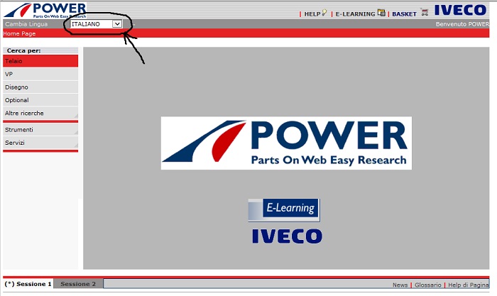 Скриншот инструкции по работе с каталогом IVECO  с выбором в выпадающим меню в верхнем левом углу английский язык 